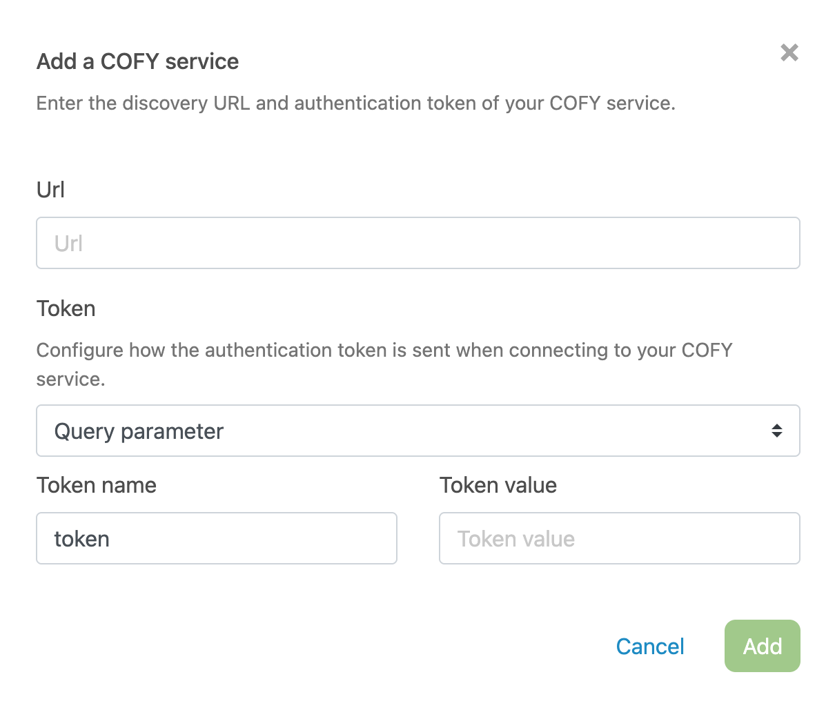 Form for adding a COFY service, showing the URL and token fields