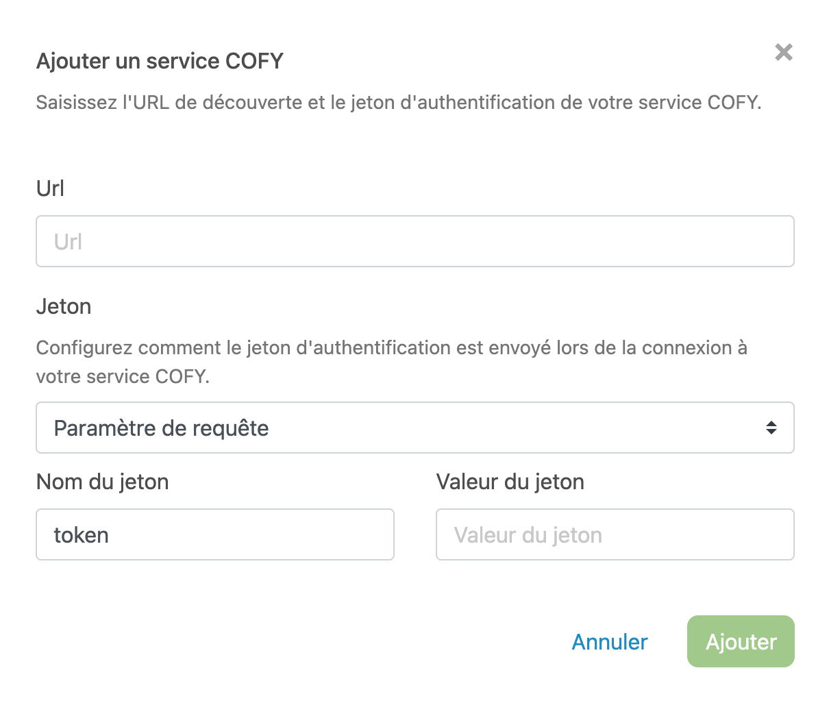 Formulaire d’ajout d’un service COFY, avec les champs Url et Jeton