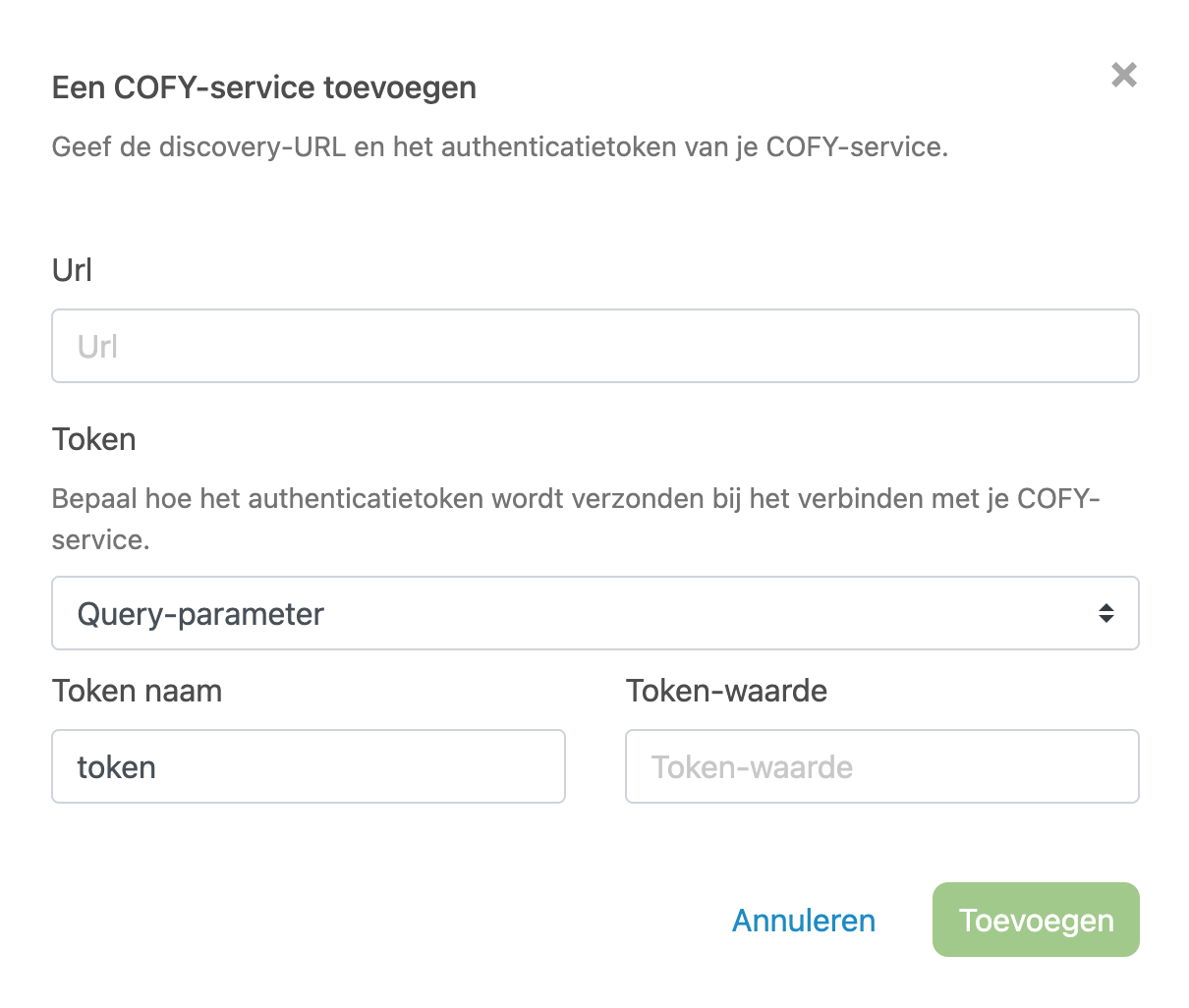 Formulier om een COFY-service toe te voegen, met de Url- en Tokenvelden